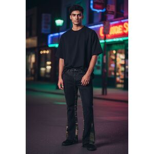 MNML Black Jeans Camo Panel Distressed Hem Streetwear Denim Size 33 Used